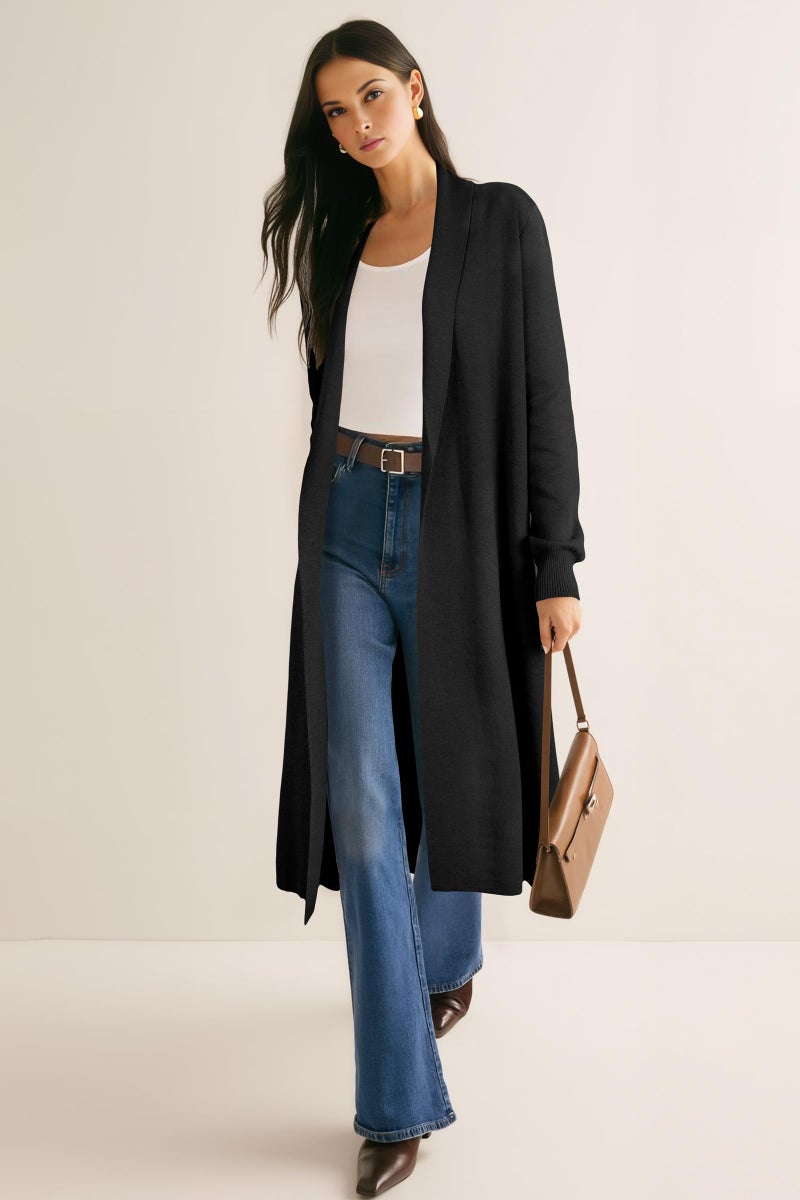 OUGES Women's Long Cardigan Wool Blend Oversized Sweaters Knit Open Front Business Casual Fall Outfits for 2026 Trendy Winter Coatigan Lightweight Coats Jacket Wear to Work with Pocket(Black,XL) - Image 2