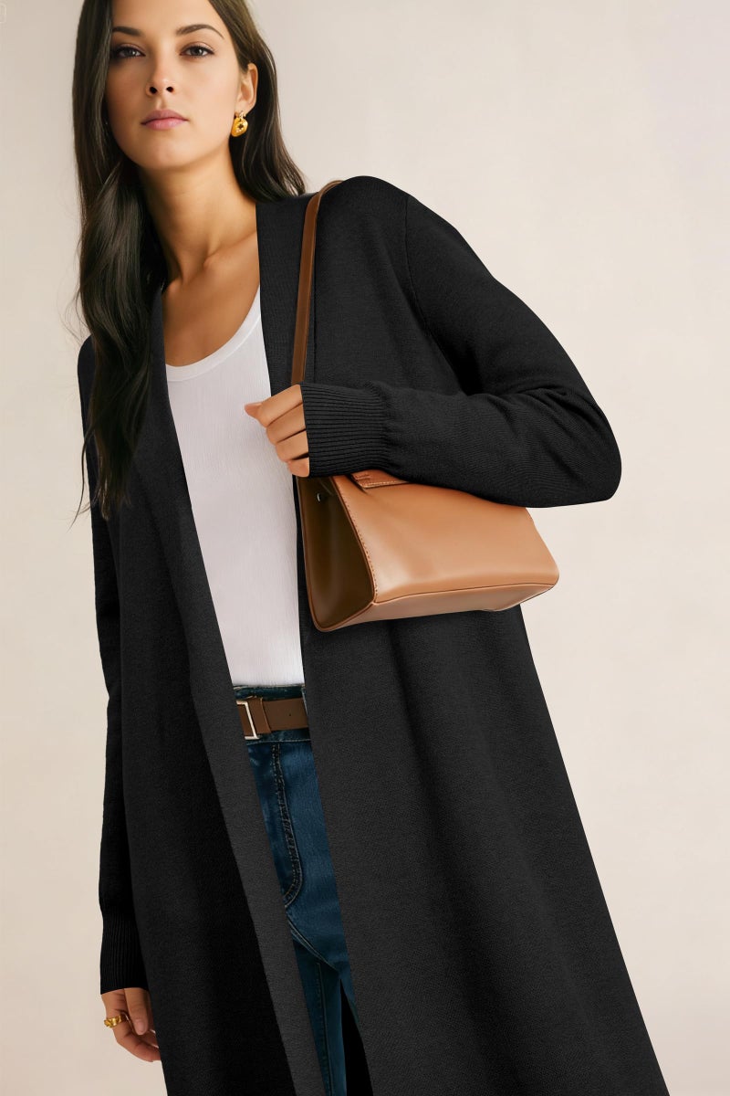 OUGES Women's Long Cardigan Wool Blend Oversized Sweaters Knit Open Front Business Casual Fall Outfits for 2026 Trendy Winter Coatigan Lightweight Coats Jacket Wear to Work with Pocket(Black,XL) - Image 3