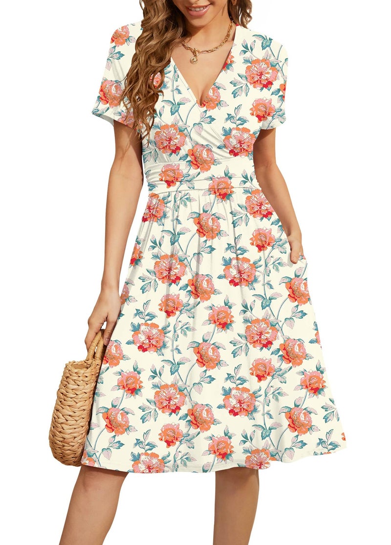 WEACZZY Summer Dresses for Women 2025 Vacation Sundress Floral Fit and Flare Spring Dress,Peony Beige,L - Image 1