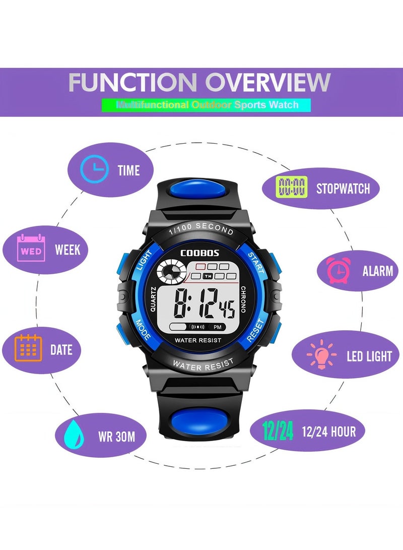 COOBOS Kids Water Resistant Rubber Digital Watch Black/Blue - Image 3
