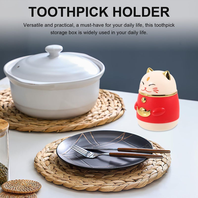 Press Type Funny Toothpick Dispenser Plastic Holder Red Lucky Cat Design For Home Kitchen - Image 5