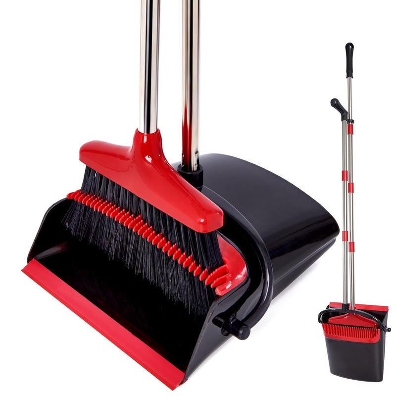 XXFLOWER Broom and Dustpan Set with Long Handle Light Weight Stainless Steel Poles Stand Upright Dustpans with Broom Combo for Home Kitchen Office Pet Dog Hair Black Red Color 1Pack