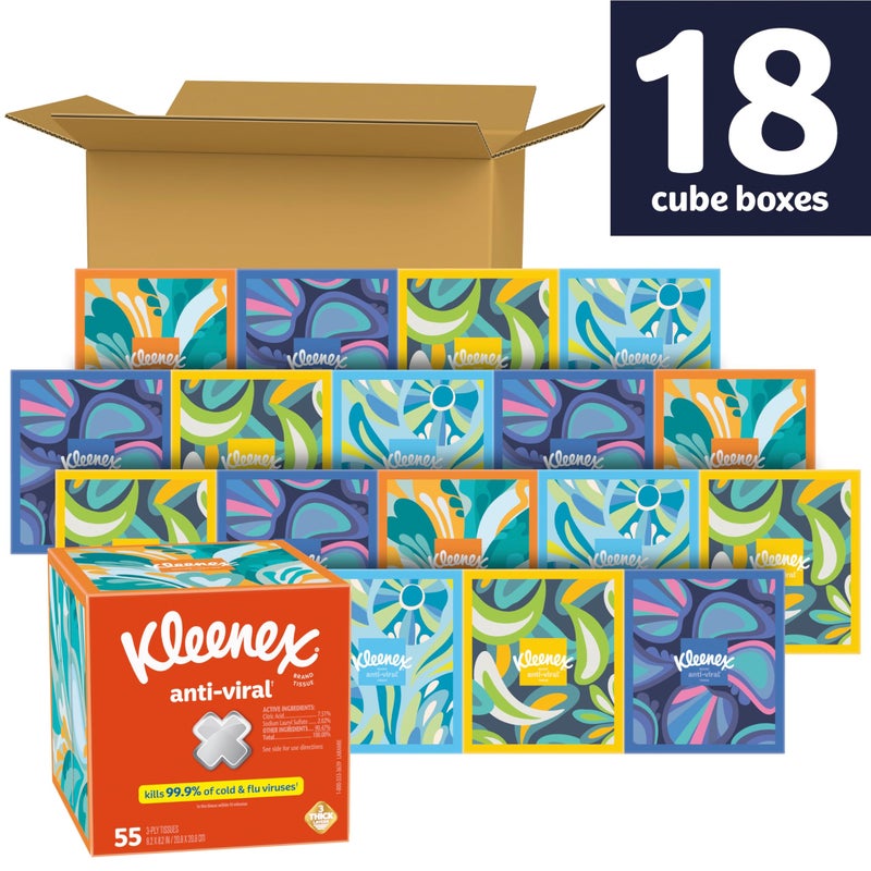 Kleenex Anti-Viral Facial Tissues, Classroom or Office Tissue, 18 Cube Boxes, 55 Tissues per Box, 3-Ply (990 Total Tissues) - Image 2