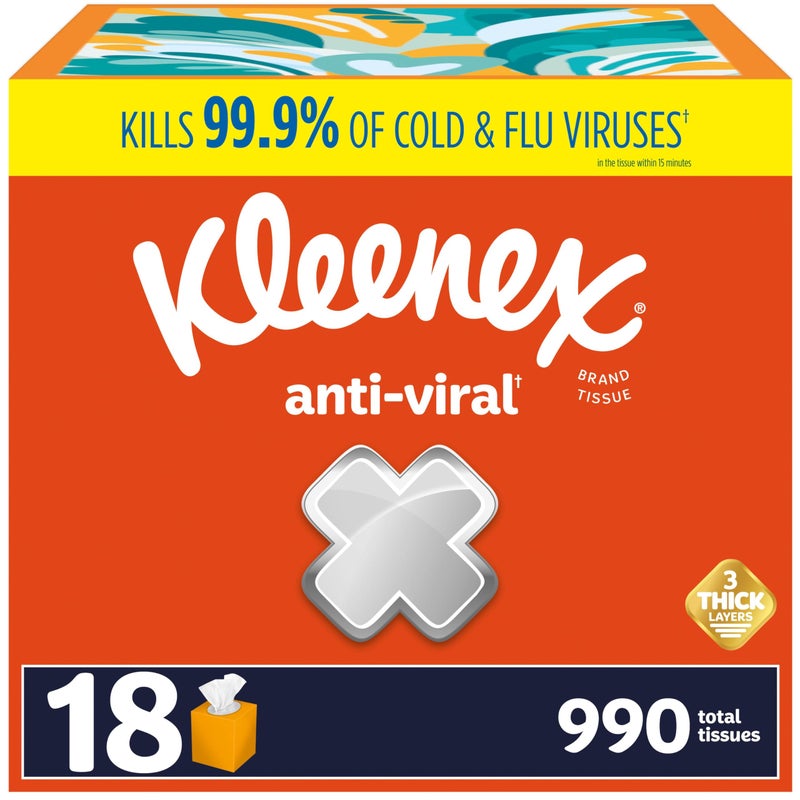 Kleenex Anti-Viral Facial Tissues, Classroom or Office Tissue, 18 Cube Boxes, 55 Tissues per Box, 3-Ply (990 Total Tissues) - Image 1