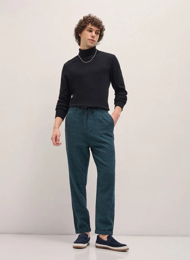 The Bear House  Men's Teal Self Design Tapered Fit Elasticated Waist Casual Trouser Versatile Office and Travel Pants Comfortable Fit for Everyday Use Easy to Style Bottomwear for Work Weekend and Outings for Men | Best Price UAE