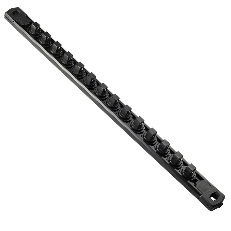 Reniteco Magnetic Socket Organizer 1Piece Heavty Duty Aluminum Socket Holder Socket Rail for Tool Box Premium Quality 360 Swivel Socket Rack with 14 Clips for 38InchBlack