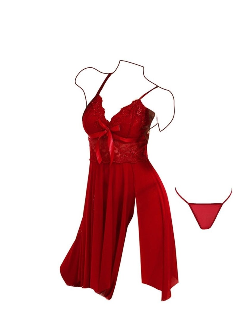Women Soft Lingerie Underwear And Pajamas Dress Set Wine Red - Image 1
