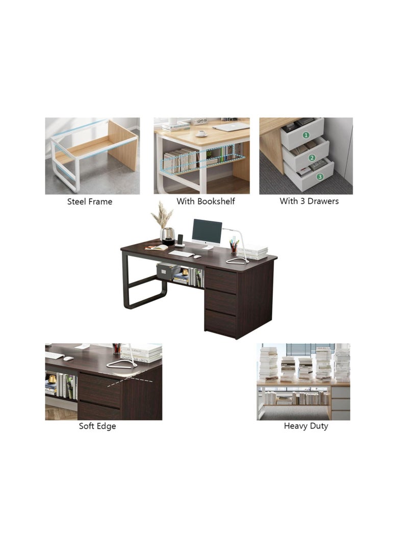 Computer Desk Computer Desk with 3 Drawers and 1 Shelf Metal Frame Study Table with Bookshelf for Kids Teens Home Office Laptop Table Learning Literacy (DLB100-Black)