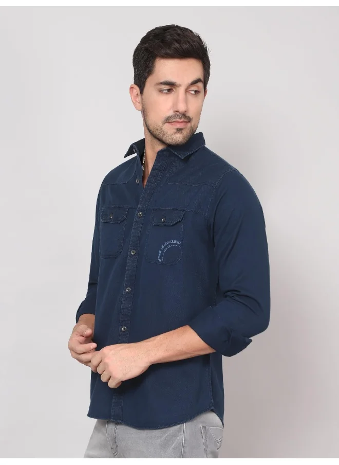 Beyoung Navy Blue Cotton Twill Casual Shirt for Men