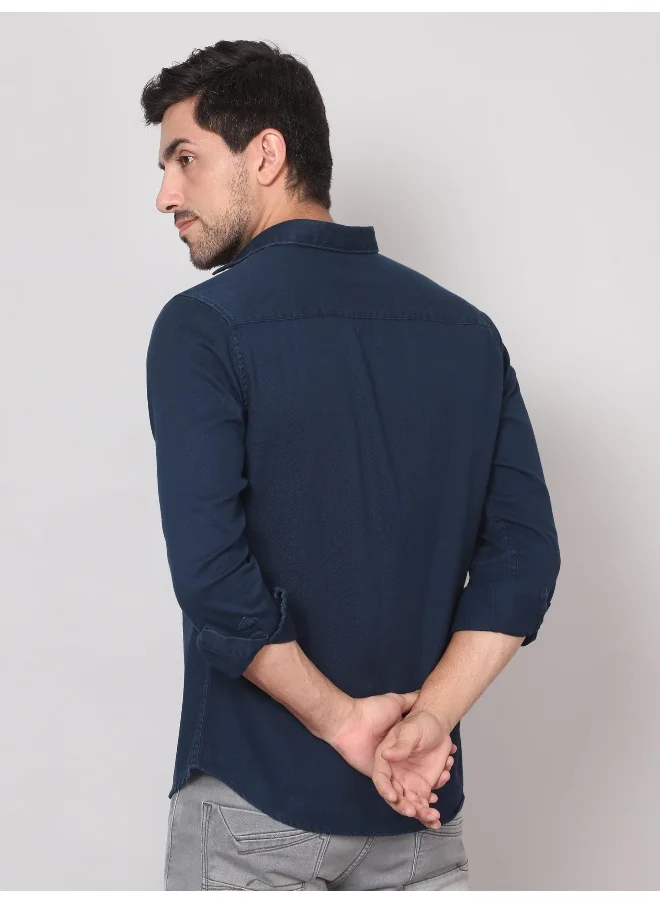 Beyoung Navy Blue Cotton Twill Casual Shirt for Men