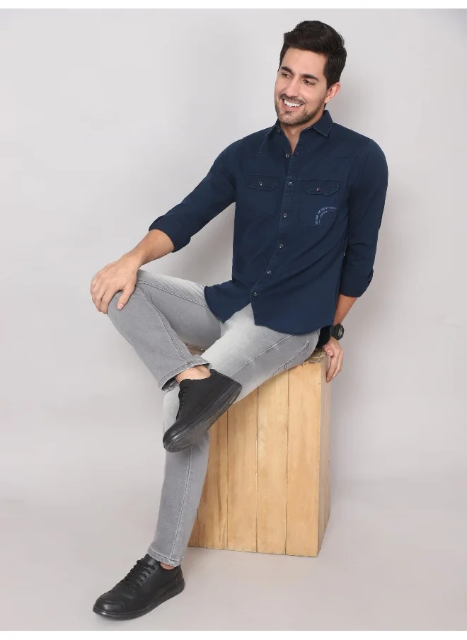 Beyoung Navy Blue Cotton Twill Casual Shirt for Men