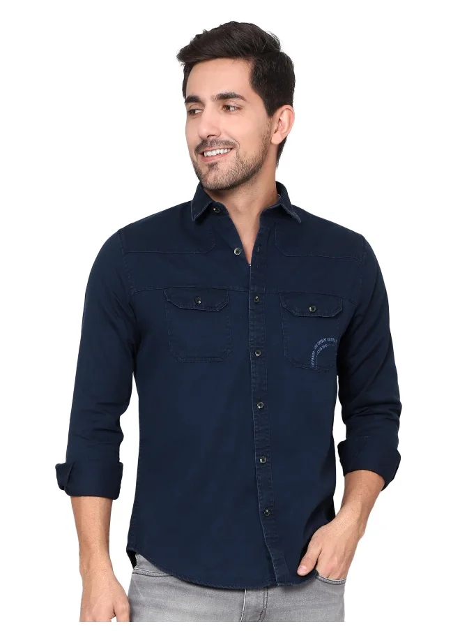 Beyoung Navy Blue Cotton Twill Casual Shirt for Men