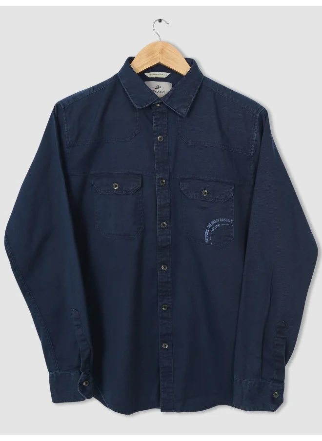 Beyoung Navy Blue Cotton Twill Casual Shirt for Men
