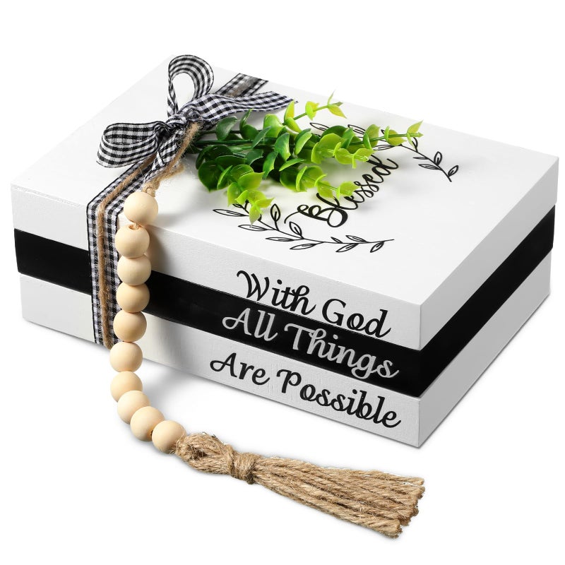 Capoda 3 Pcs Decorative Books for Home Decor Farmhouse Faux Stacked Books Wooden Rustic Table Decor with Bead Garland Twine Ribbon Faux Leaf for TableBlessed