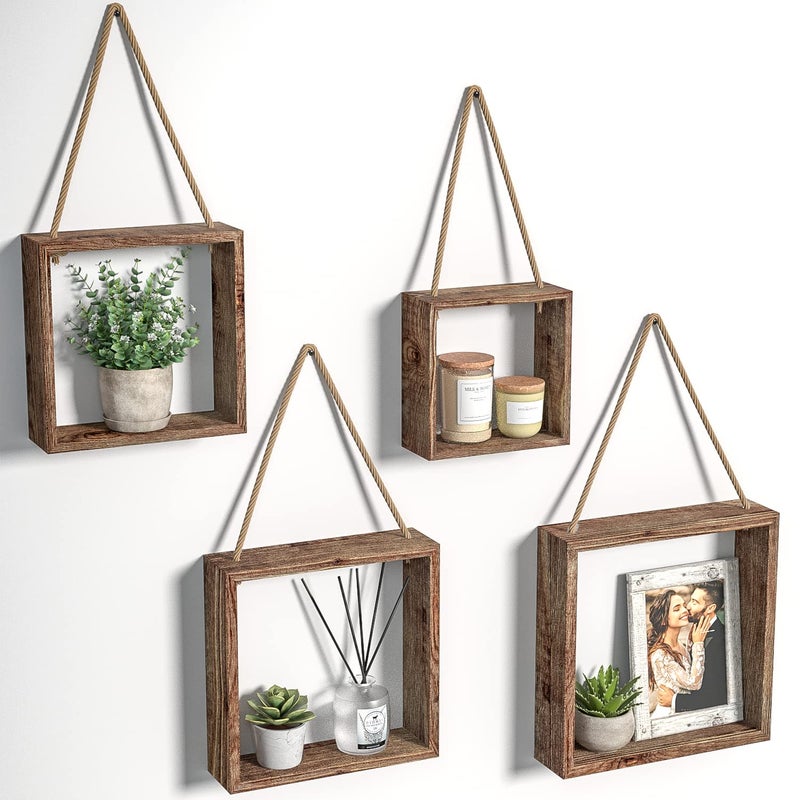 J JACKCUBE DESIGN Floating Hanging Square Shelves Wall Mounted Rustic Wood Cube Display Shelf Shadow Boxes Decorative Boho Home Dcor for Living Room Bedroom Office Set of 4 Brown  MK571B