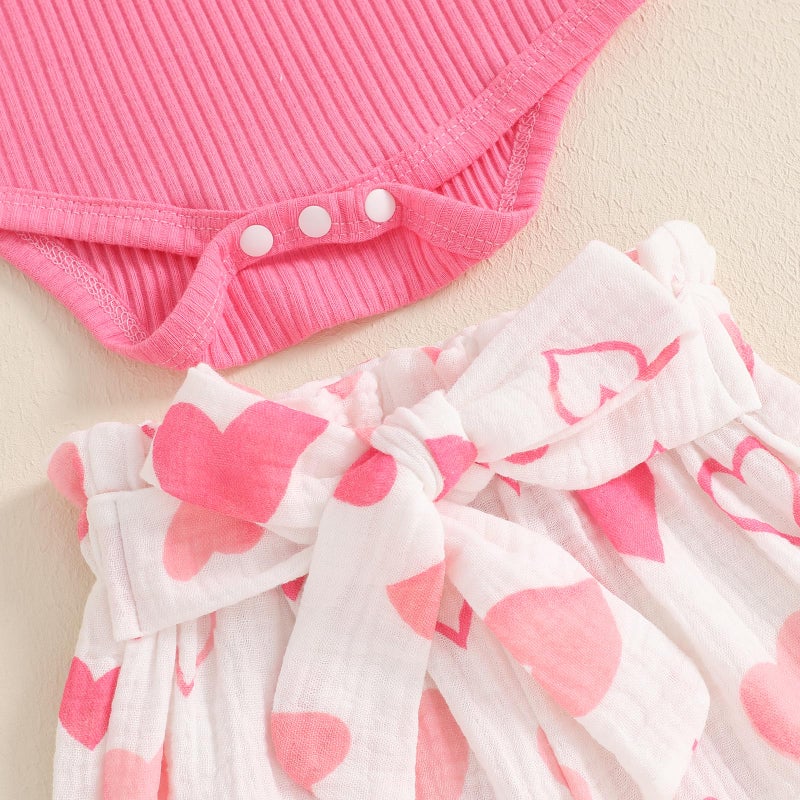 Rtnnsbbfcm Newborn Baby Girl Valentine's Day Outfit Long Sleeve Ribbed Romper Heart Print Pants Headband 3Pcs Set (Pink, 12-18 Months) - Image 5