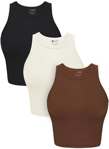 OLCHEE Womens 3 Pack Crop Tank Tops Basic Seamless Ribbed Round High Neck Racerback Workout Top Summer Causal Yoga Gym Shirts - Black Brown Beige Small - Image 1