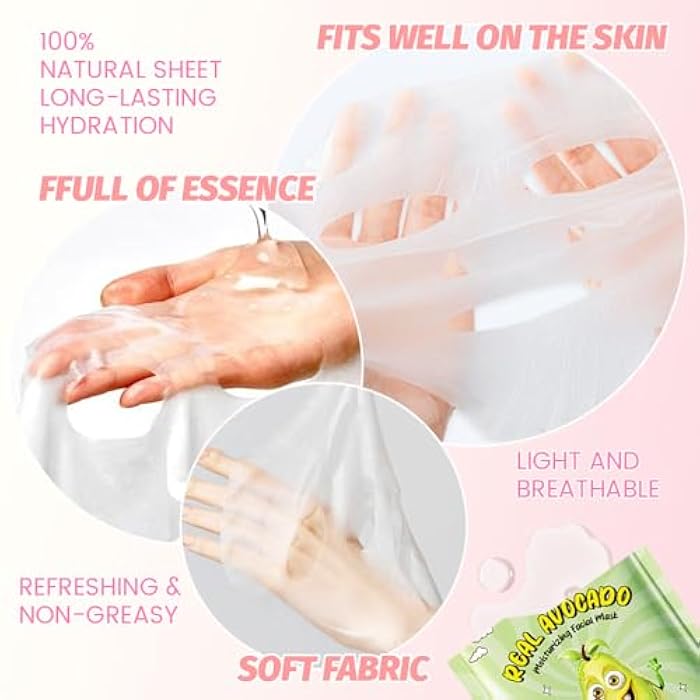 AMY'S DIARY 8 PCS Real Hydrating Nature Face Masks Skincare, Hyaluronic Acid, Vitamin C and E, Chamomile, Korean Beauty Essence Facial Paper Sheet Mask for Skin Care Moisturizing (Avocado) - Image 4