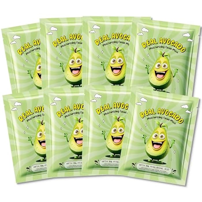 AMY'S DIARY 8 PCS Real Hydrating Nature Face Masks Skincare, Hyaluronic Acid, Vitamin C and E, Chamomile, Korean Beauty Essence Facial Paper Sheet Mask for Skin Care Moisturizing (Avocado) - Image 1