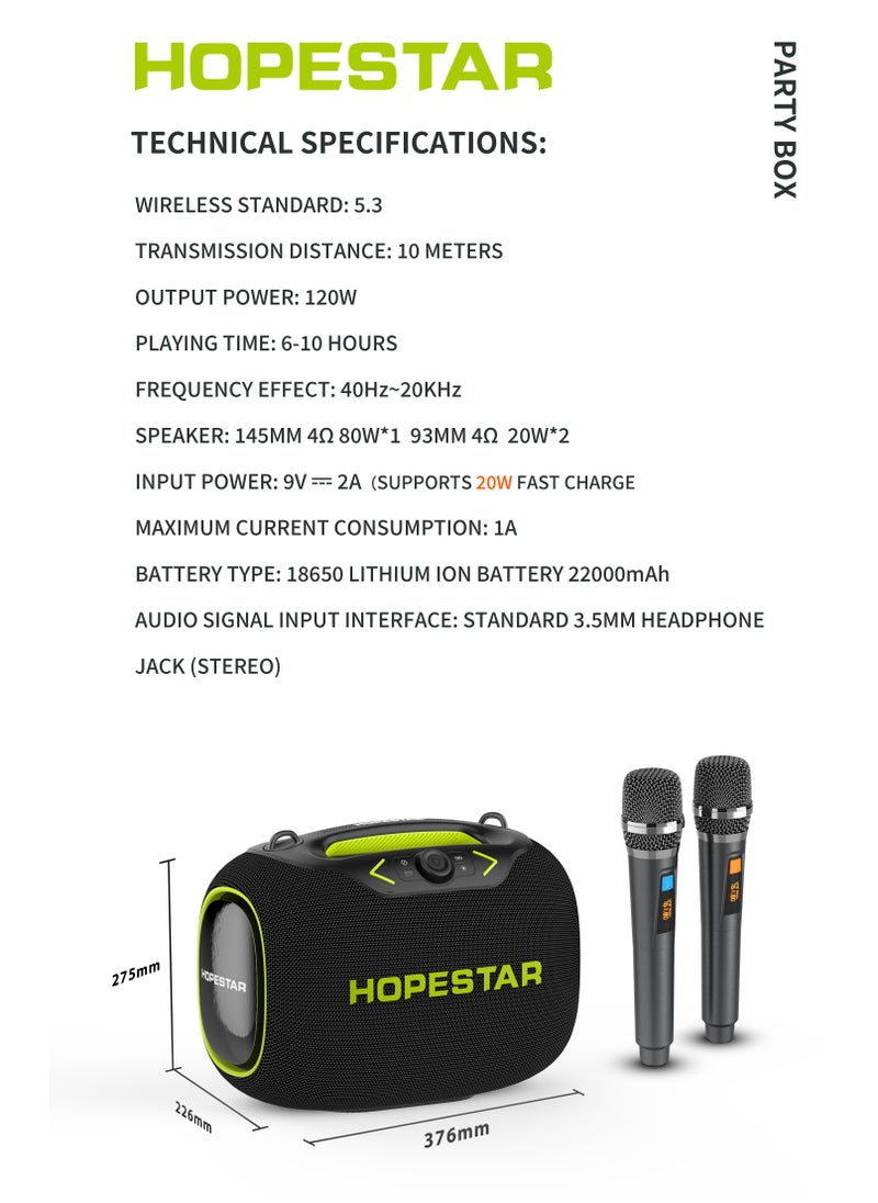HOPESTAR - Party Box 120W Portable Bluetooth Speaker with Dual Wireless Microphones, 200W Fast Charging, IPX6 Waterproof, DSP Chip, 10-Hour Playtime, RGB Lights – Ideal for Outdoor, Karaoke, and Family Gatherings - Image 1