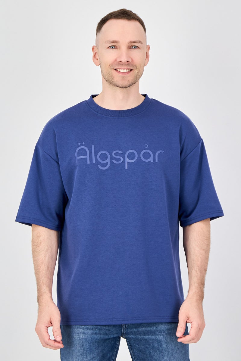 Algspar Men Crew Neck Short Sleeve Graphic Print T-Shirt, Indigo Blue - Image 1