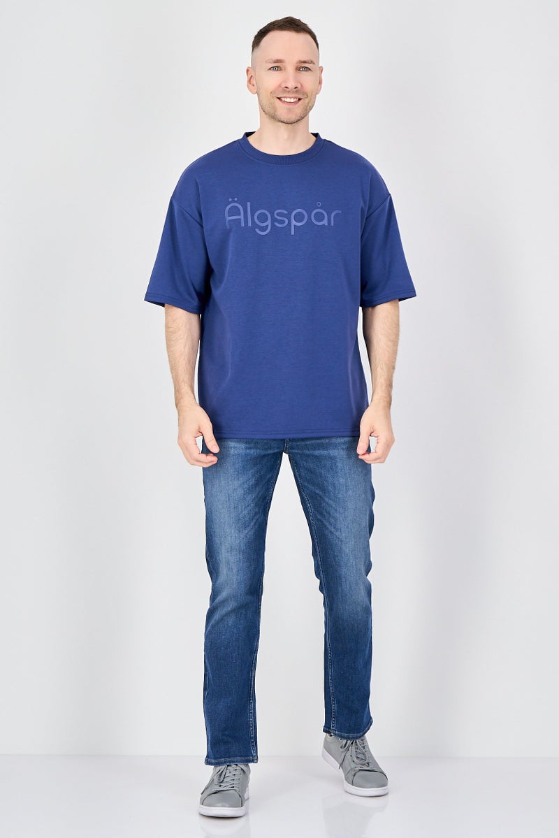 Algspar Men Crew Neck Short Sleeve Graphic Print T-Shirt, Indigo Blue - Image 4