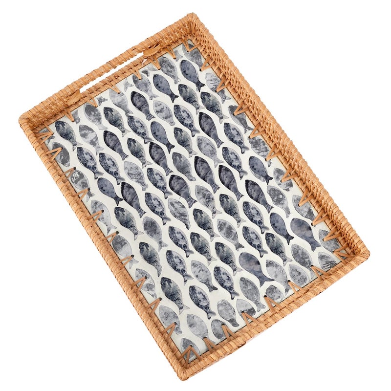 Tynulox Rectangle Rattan Tray with Mother of Pearl Inlay, Rattan Serving Tray with Handle for Coffee, Bread, Fruits, Snacks, Decorative Wicker Tray for Table Decor (Rectangle Dark Blue Fish, 13"Ã—9") - Image 1