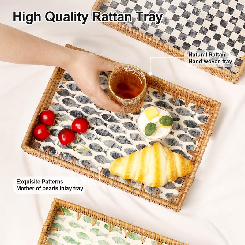 Tynulox Rectangle Rattan Tray with Mother of Pearl Inlay, Rattan Serving Tray with Handle for Coffee, Bread, Fruits, Snacks, Decorative Wicker Tray for Table Decor (Rectangle Dark Blue Fish, 13"Ã—9") - Image 4