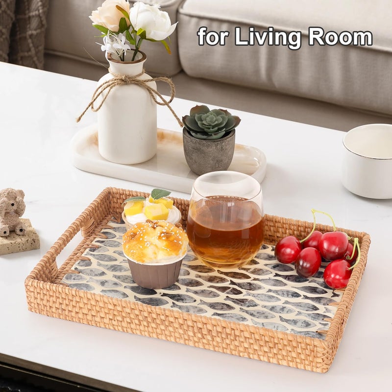 Tynulox Rectangle Rattan Tray with Mother of Pearl Inlay, Rattan Serving Tray with Handle for Coffee, Bread, Fruits, Snacks, Decorative Wicker Tray for Table Decor (Rectangle Dark Blue Fish, 13"Ã—9") - Image 5