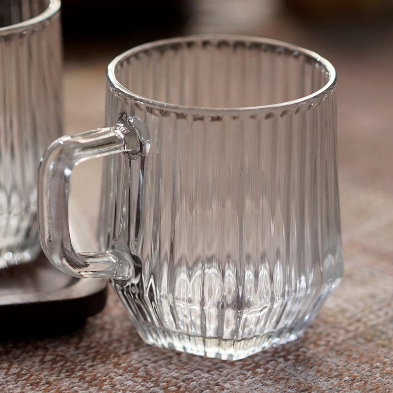 Courtyard Textured Cast Glass Wood Bihuiya Coffee Cups Set of 2 with Snack TrayBrown Clear White110 MLSet of 2 - Image 2
