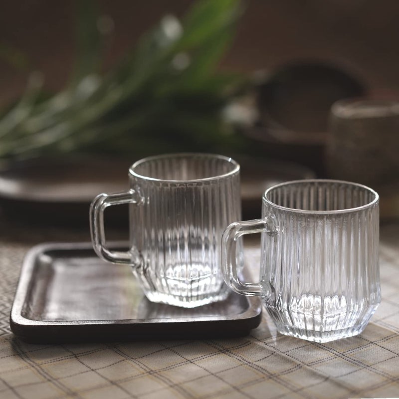 Courtyard Textured Cast Glass Wood Bihuiya Coffee Cups Set of 2 with Snack TrayBrown Clear White110 MLSet of 2 - Image 1