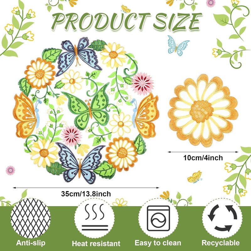 SOLARAE 8 Pcs Spring Easter Round Placemats and Coasters Set, 4 Pcs 14 Inch Embroidered Flower Butterfly Table Placemats and 4 Pcs 4 Inch Daisy Coasters Floral Cup Mat for Tabletop Decoration - Image 4