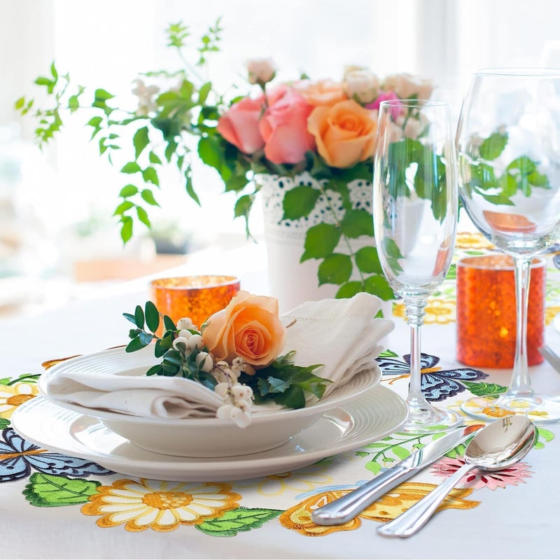 SOLARAE 8 Pcs Spring Easter Round Placemats and Coasters Set, 4 Pcs 14 Inch Embroidered Flower Butterfly Table Placemats and 4 Pcs 4 Inch Daisy Coasters Floral Cup Mat for Tabletop Decoration - Image 2