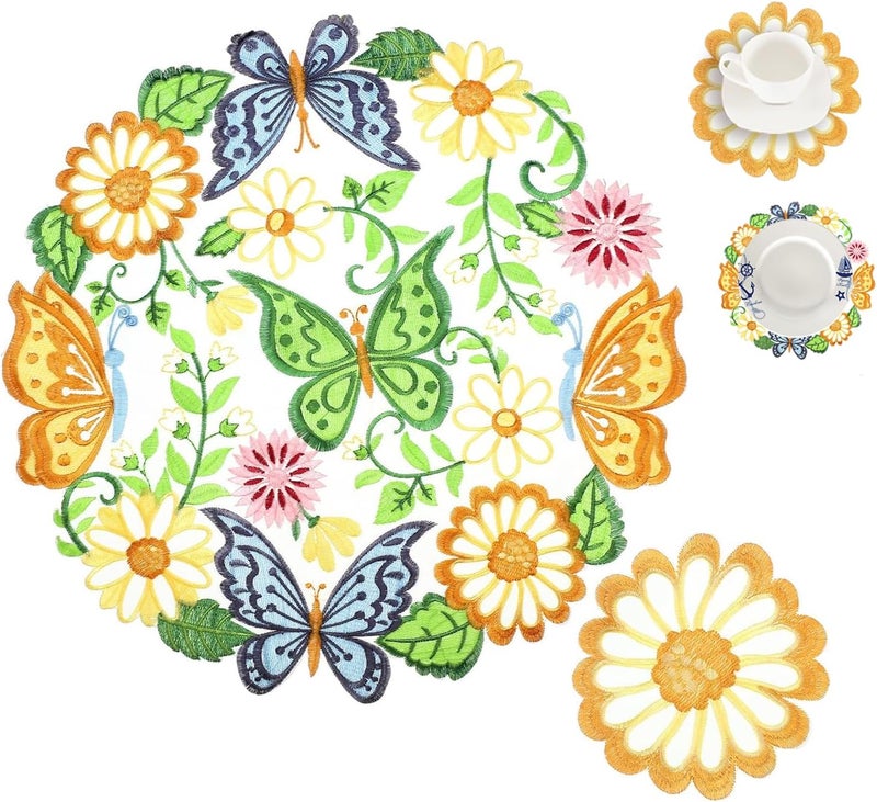 SOLARAE 8 Pcs Spring Easter Round Placemats and Coasters Set, 4 Pcs 14 Inch Embroidered Flower Butterfly Table Placemats and 4 Pcs 4 Inch Daisy Coasters Floral Cup Mat for Tabletop Decoration - Image 1