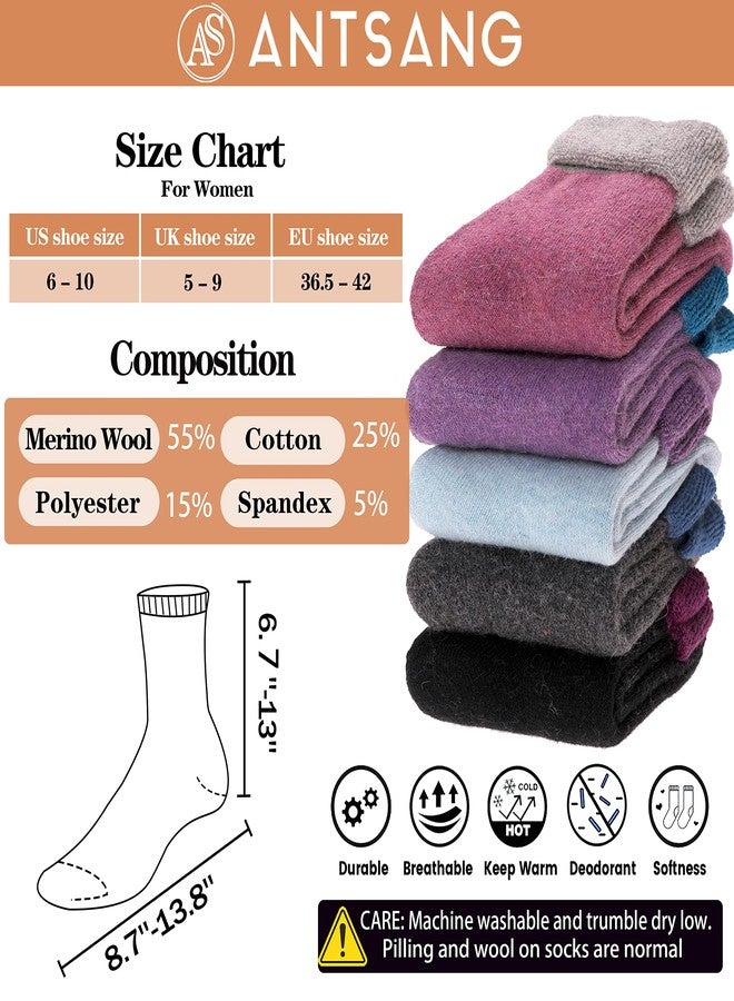ANTSANG Womens Wool Hiking Socks Winter Warm Thick Boot Cozy Thermal Crew Ladies Work Socks 5 Pairs(Mix Color 2) - Image 4