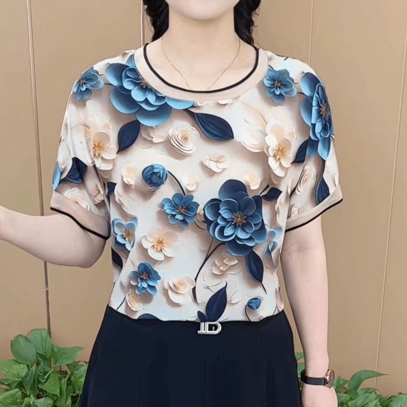 Design Foreign Style Mother Summer Women'S Middle-Aged And Elderly Plus Size Fashion Temperament Slim All-Match Age-Reducing Short Sleeve T-Shirt - Image 3