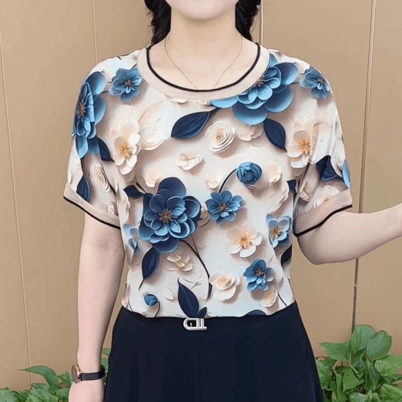 Design Foreign Style Mother Summer Women'S Middle-Aged And Elderly Plus Size Fashion Temperament Slim All-Match Age-Reducing Short Sleeve T-Shirt - Image 4