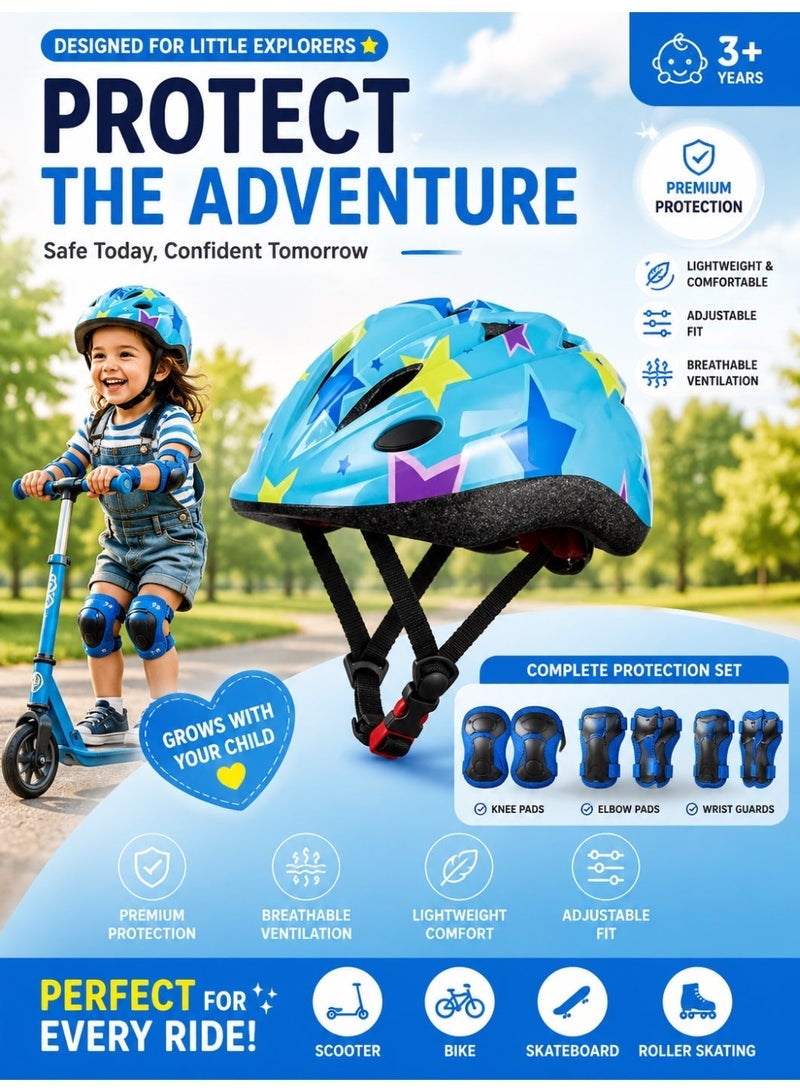 Saudi Select Kids Helmet Adjustable,For Kids Ages 3-7 Years Old,Kids Bike Helmets For Boys And Girls,With Protective Sports Gear Set Knee Elbow Pads Wrist Guards,For Skating Bike Scooters(Blue) - Image 1