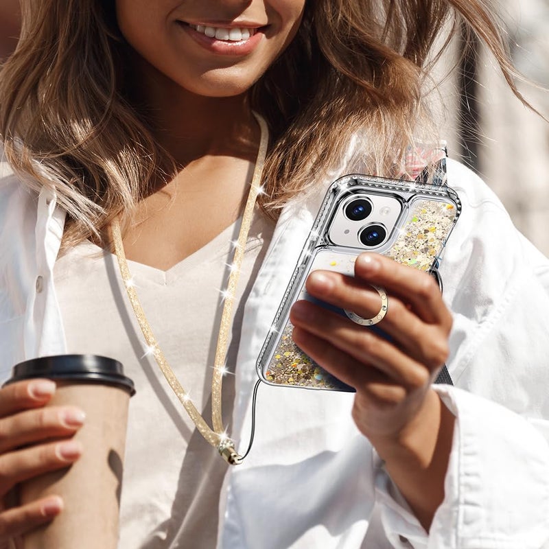 SILVERBACK for iPhone 13 Mini Case with Ring Stand, Women Girls Bling Holographic Sparkle Glitter Cute Cover, Diamond Ring Protective Phone Case for iPhone 13 Mini 5.4'' - Gold - Image 4