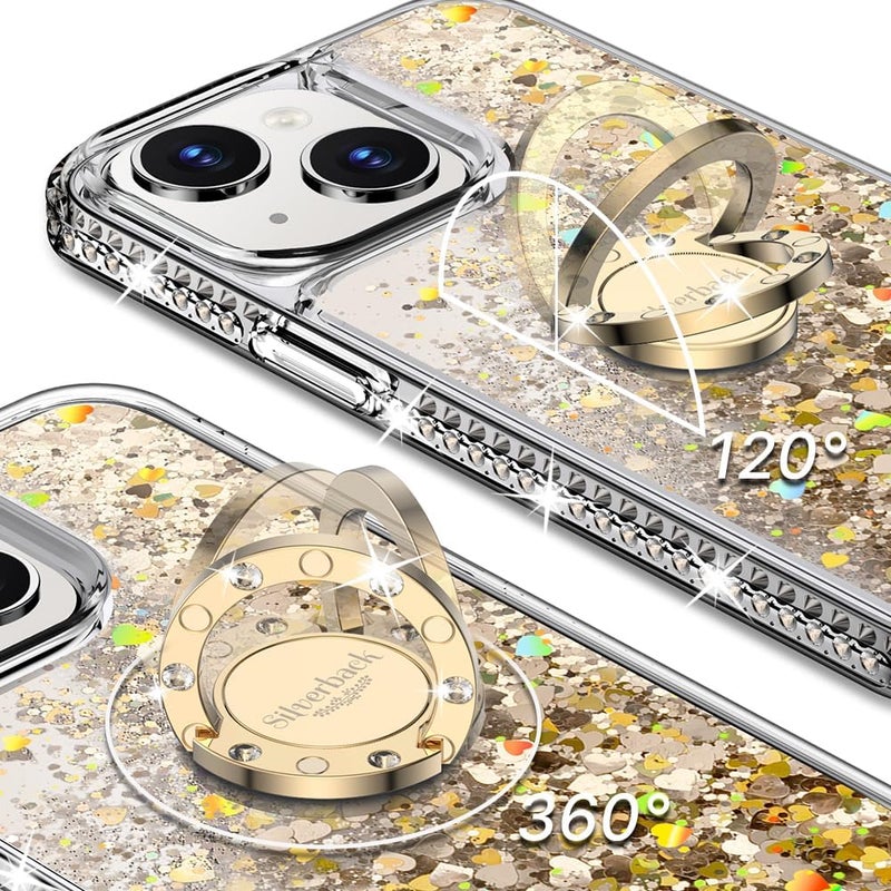 SILVERBACK for iPhone 13 Mini Case with Ring Stand, Women Girls Bling Holographic Sparkle Glitter Cute Cover, Diamond Ring Protective Phone Case for iPhone 13 Mini 5.4'' - Gold - Image 2