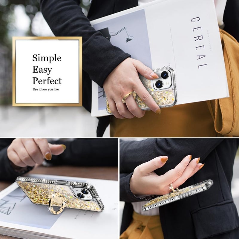 SILVERBACK for iPhone 13 Mini Case with Ring Stand, Women Girls Bling Holographic Sparkle Glitter Cute Cover, Diamond Ring Protective Phone Case for iPhone 13 Mini 5.4'' - Gold - Image 5