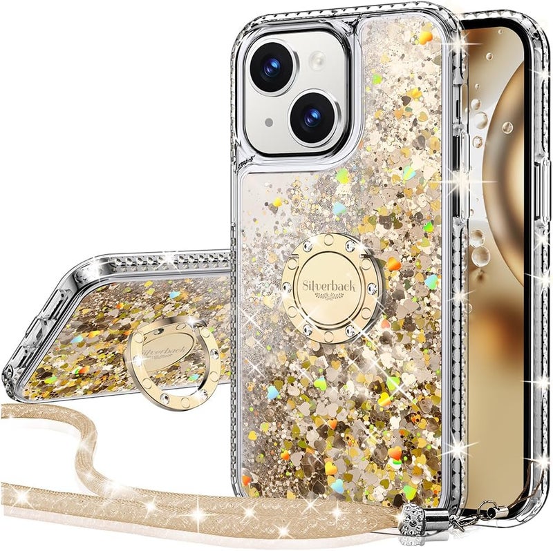 SILVERBACK for iPhone 13 Mini Case with Ring Stand, Women Girls Bling Holographic Sparkle Glitter Cute Cover, Diamond Ring Protective Phone Case for iPhone 13 Mini 5.4'' - Gold - Image 1