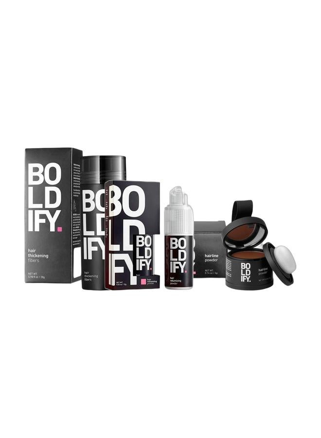 Boldify Instant Root Lift And Volumizing Styling Powder – Provides 24-Hour Hold With A Soft Matte Powder Finish, Reduces Greasiness, Features A Mess-Free Pump Applicator, Infused With Aloe Vera, Coconut Oil, And Vitamin E (12G) & Hairline Root Touchup Powder For Instant Coverage – Conceals Thinning Edges And Gray Roots, Sweat And Rain Resistant, Dermatologist-Approved Scalp Safe Formula, Medium Brown (4G) & Superior Plant-Based Hair Thickening Fibers For Full Coverage – Completely Conceals Hair Loss, Thinning Areas, And Balding Spots With A Clump-Free, Seamless "Real Hair" Finish, Light Brown (28G) Bundle - Image 1