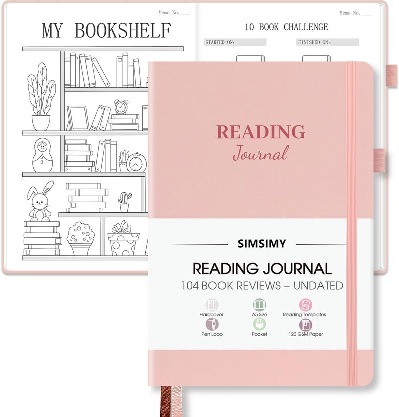 SIMSIMY Reading Journal with 104 Book Reviews, Book Journal for Book Lovers & Readers - Book Reviews & Reading Tracker & Reading List Challenge, Reading Log Notebook Gift, A5, Pink - Image 1