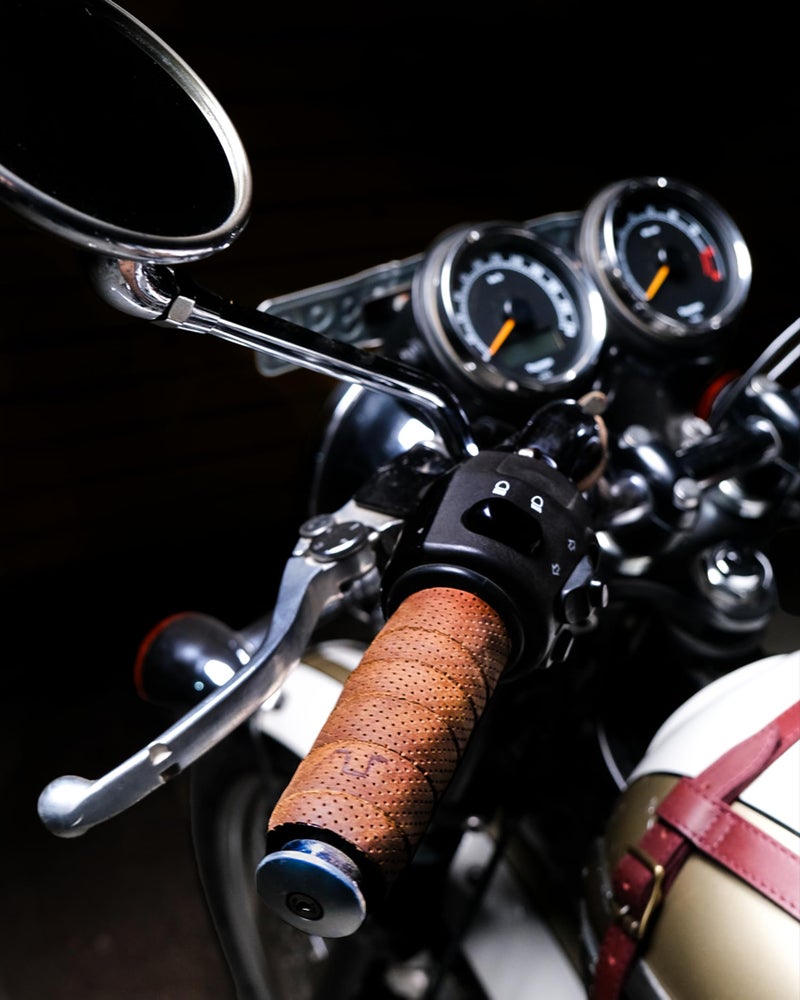 Trip Machine Company Motorcycle Handle bar Leather Grip Wraps - Universal Grips Accelerator Custom Cover wrap Set for Bike Handlebar (Tobacco Perforated) - Image 2