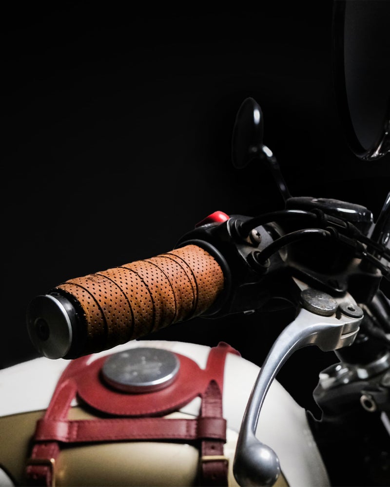 Trip Machine Company Motorcycle Handle bar Leather Grip Wraps - Universal Grips Accelerator Custom Cover wrap Set for Bike Handlebar (Tobacco Perforated) - Image 5
