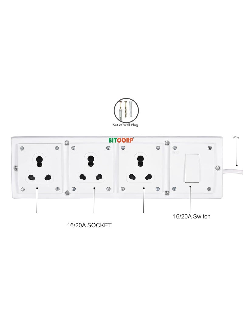BITCORP Bitcorp Multi Socket Extension Board 3 Way Plug and 1 Switch 15A 16A 20A 3500W 5 Meter Long Length Cable Cord Compatible with Ac Fridge Washing Machine Microwave and Heavy Appliances White  - Image 3