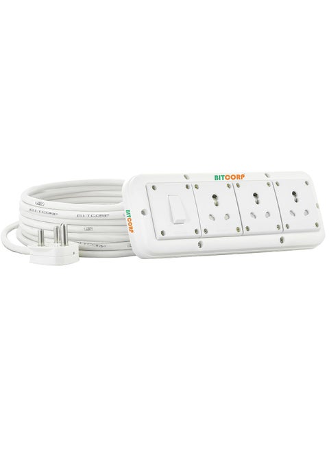 Bitcorp Multi Socket Extension Board 3 Way Plug and 1 Switch 15A 16A 20A 3500W 5 Meter Long Length Cable Cord Compatible with Ac Fridge Washing Machine Microwave and Heavy Appliances White
