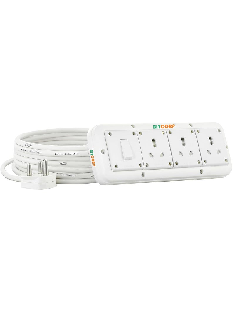 BITCORP Bitcorp Multi Socket Extension Board 3 Way Plug and 1 Switch 15A 16A 20A 3500W 5 Meter Long Length Cable Cord Compatible with Ac Fridge Washing Machine Microwave and Heavy Appliances White  - Image 1