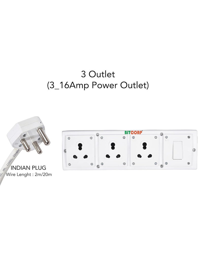 BITCORP Bitcorp Multi Socket Extension Board 3 Way Plug and 1 Switch 15A 16A 20A 3500W 5 Meter Long Length Cable Cord Compatible with Ac Fridge Washing Machine Microwave and Heavy Appliances White  - Image 2